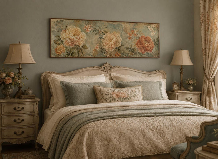 Sage green and orange peony vintage framed floral tapestry wall art hanging above a bed.