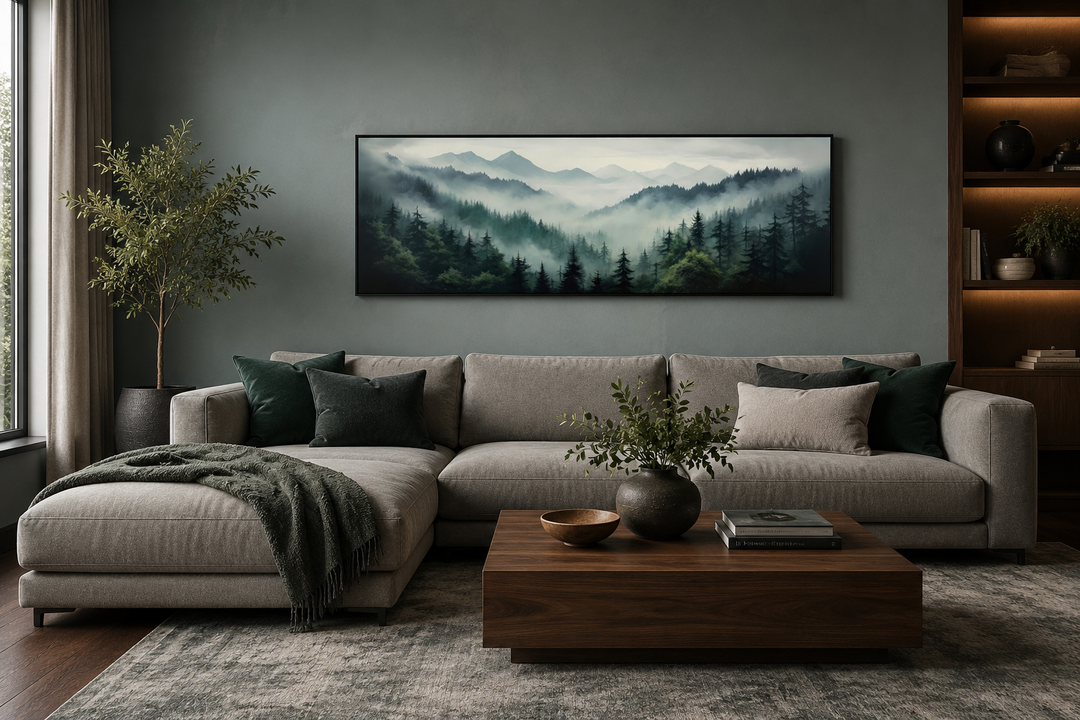 Sage green moody foggy pine forest and mountains landscape wall art above a sofa.