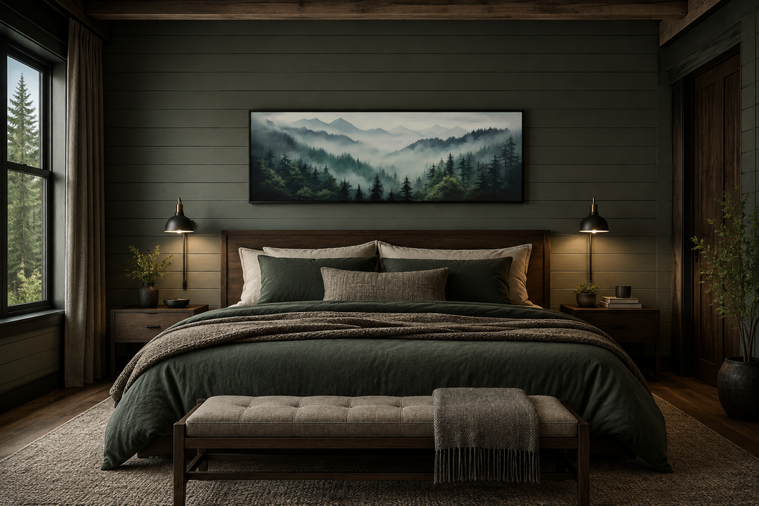 Sage green foggy pine forest and mountain landscape wall art in a black frame above a bed.