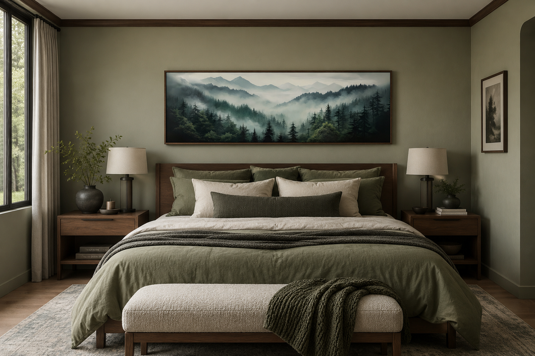 Sage green foggy pine forest and mountain landscape wall art framed above a bed in a bedroom.