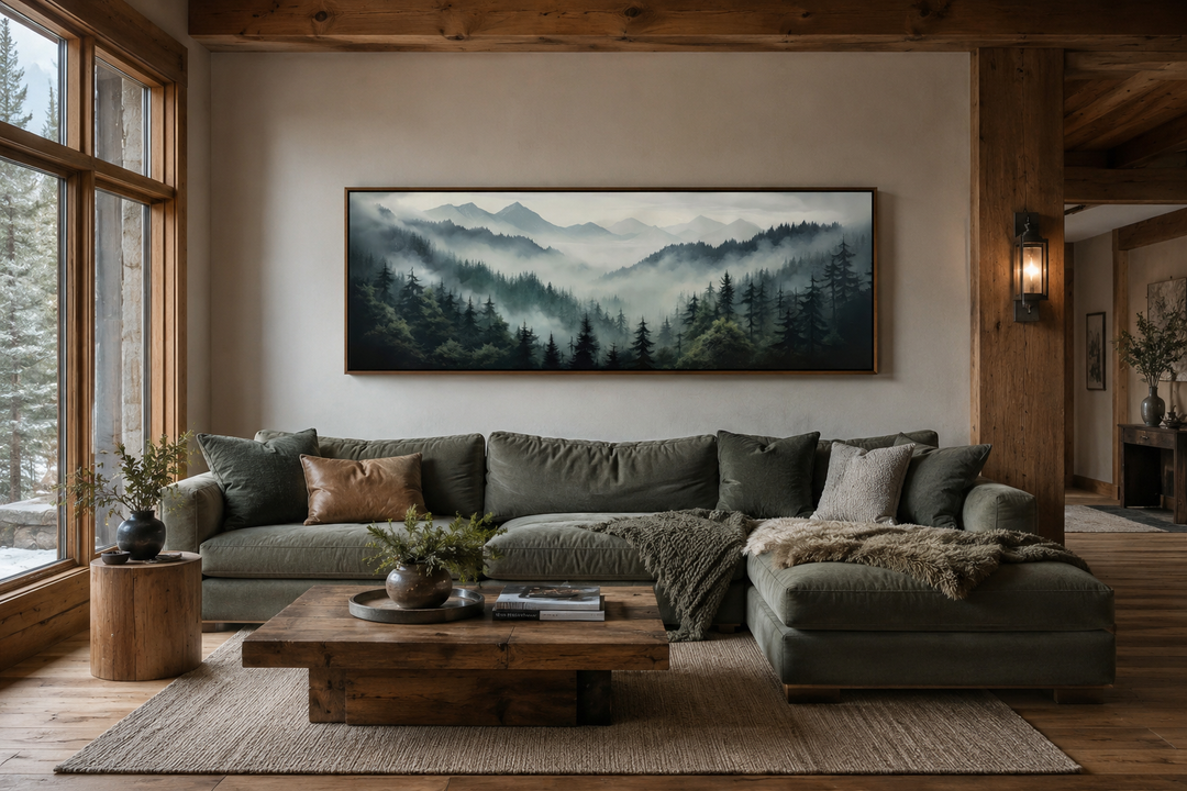 Sage green foggy pine forest and mountain landscape canvas wall art above a sofa in a living room.
