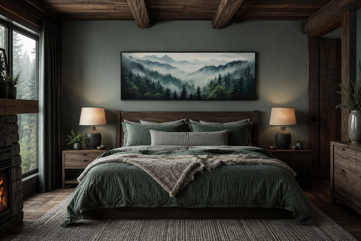 Sage green foggy pine forest and mountain landscape wall art in a black frame above a bed.