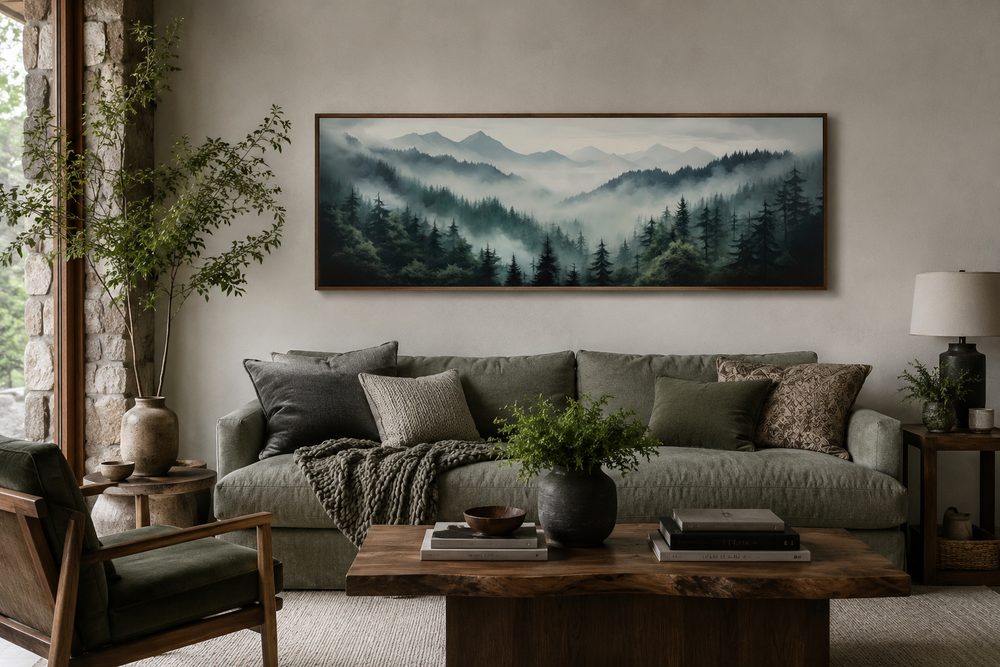 Sage green foggy pine forest and mountain landscape wall art in a wooden frame above a sofa.