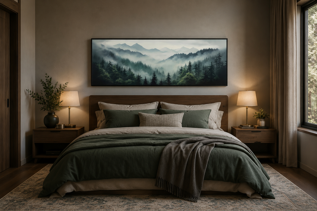 Sage green foggy pine forest and mountain landscape wall art hanging above a bed in a bedroom.