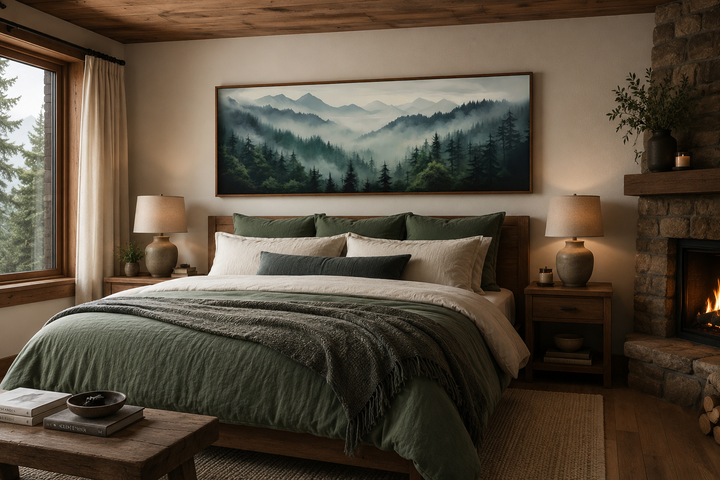 Sage green moody foggy pine forest and mountain landscape wall art above a bed in a rustic bedroom.