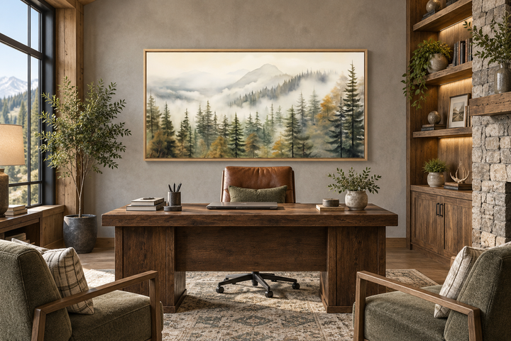 Sage green foggy forest wall art in a wooden frame above a rustic desk in a home office.