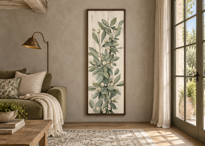Tall slim vertical framed canvas wall art featuring vintage sage green leaves on a neutral backdrop.