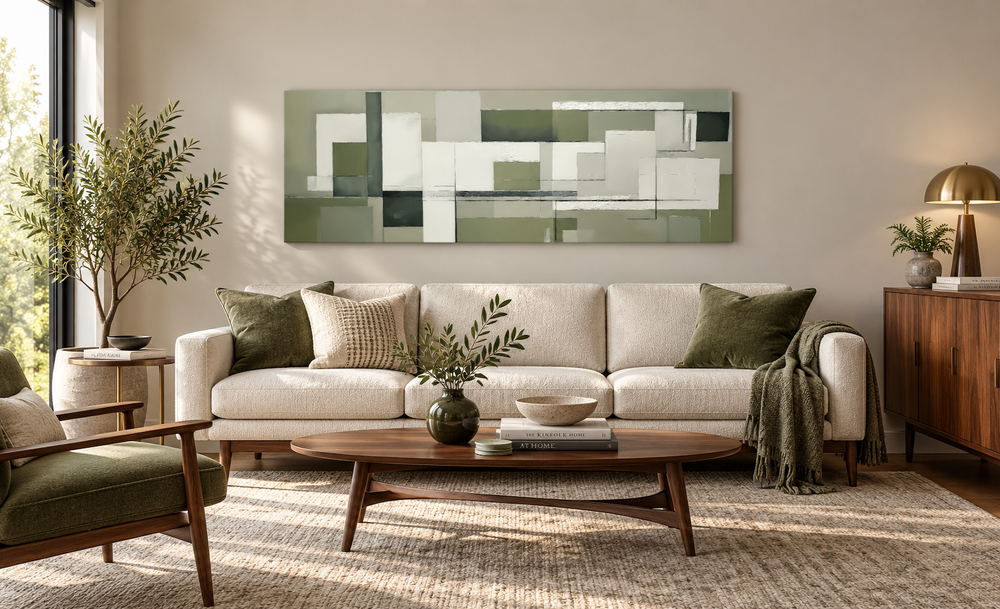 Sage green geometric Bauhaus horizontal canvas wall art hanging above a cream sofa in a living room.