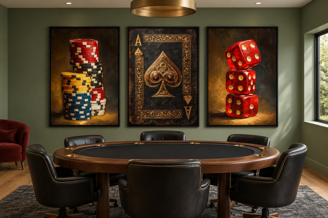 Set of 3 casino wall art panels featuring poker chips, an ace of spades, and red dice in a game room.