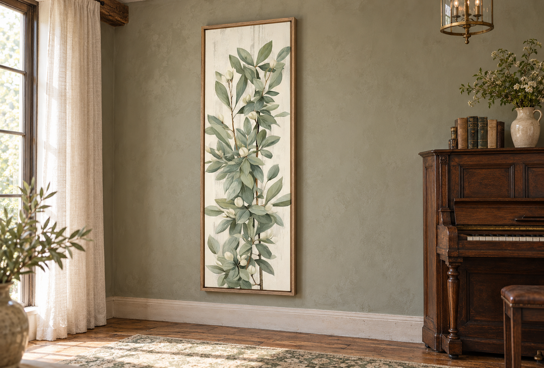 Tall slim vertical framed canvas wall art featuring vintage sage green leaves on a neutral backdrop.