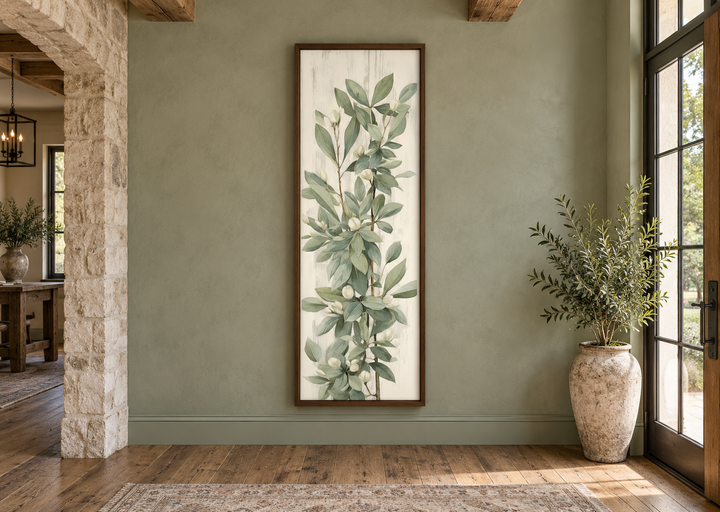 Tall slim vertical framed canvas wall art featuring vintage sage green leaves on a neutral backdrop.
