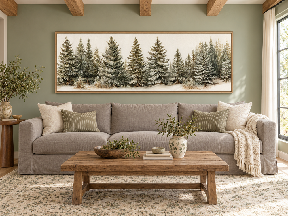 Sage Green Pine Trees Wall Art, a long horizontal canvas above a sofa in a neutral living room.