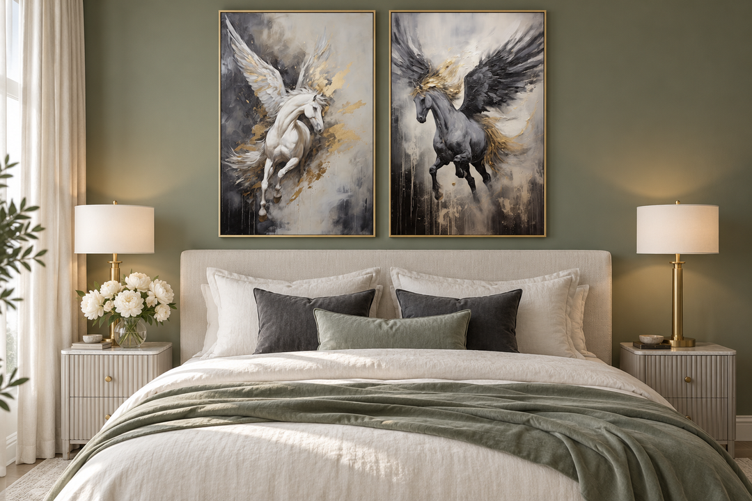 Set of 2 framed canvas prints featuring black and white Pegasus horses with gold accents.