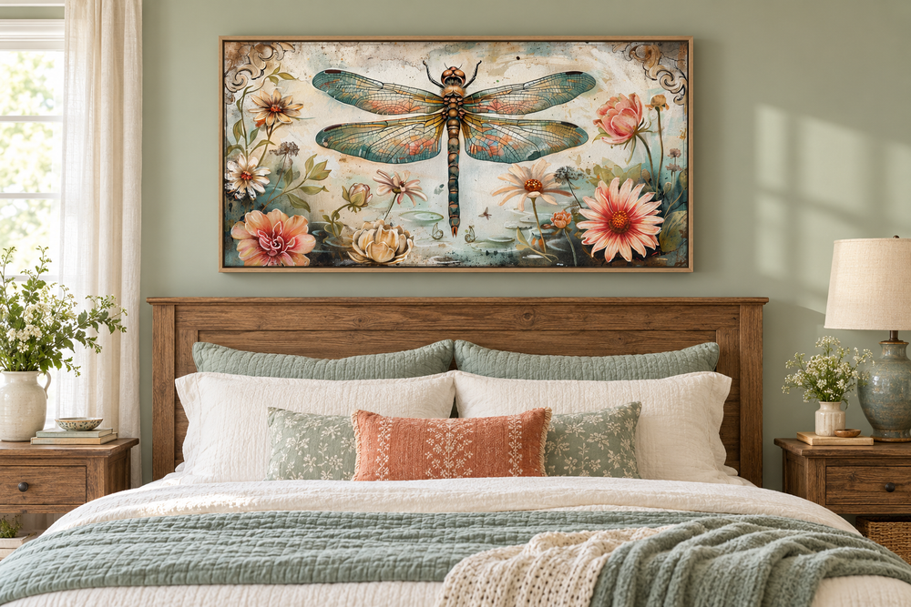 Framed horizontal canvas art of a dragonfly and flowers above a wooden headboard in a bedroom.