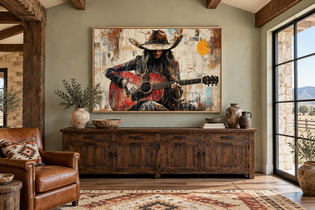 Cowgirl playing a red guitar framed canvas wall art in a rustic living room setting.