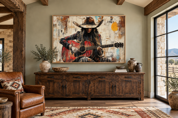 Cowgirl playing a red guitar framed canvas wall art in a rustic living room setting.