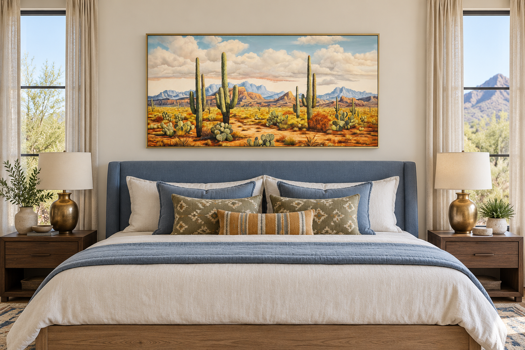 Southwestern framed canvas wall art featuring tall saguaro cacti in a desert landscape.