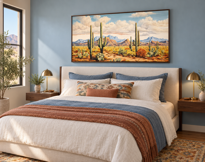 Southwestern framed canvas wall art featuring a desert landscape with tall saguaro cacti.