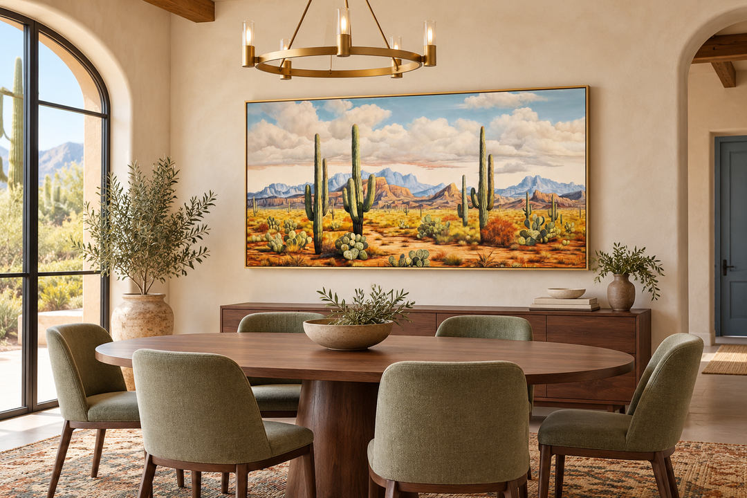 Southwestern framed canvas wall art featuring saguaro cacti and mountains in a desert landscape.