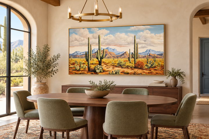 Southwestern framed canvas wall art featuring saguaro cacti and mountains in a desert landscape.