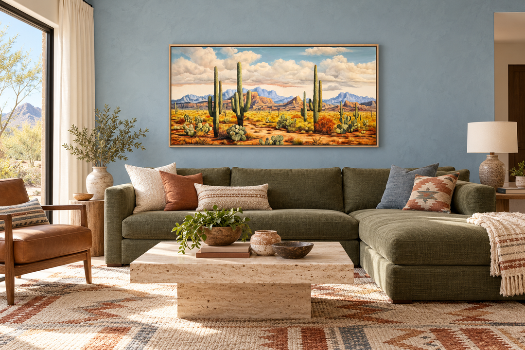 Southwestern framed canvas wall art featuring a desert landscape with tall saguaro cacti.