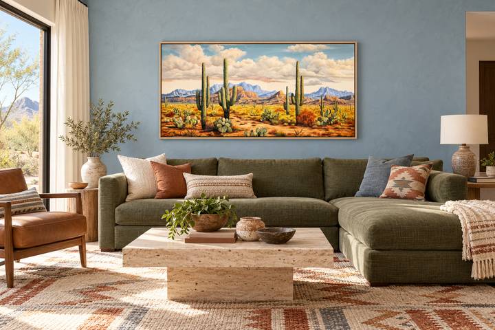 Southwestern framed canvas wall art featuring a desert landscape with tall saguaro cacti.