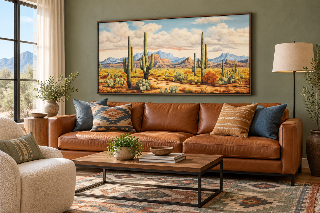 Southwestern framed canvas art of a desert landscape with saguaro cacti above a leather sofa.