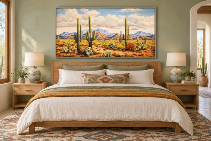 Southwestern framed canvas wall art featuring saguaro cacti and mountains in a desert landscape.