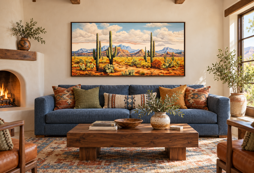 Southwestern framed canvas wall art featuring a vibrant desert landscape with tall saguaro cacti.
