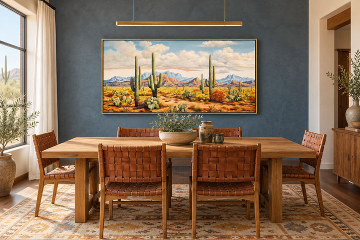 Southwestern framed canvas art of a desert landscape with saguaro cacti above a dining table.