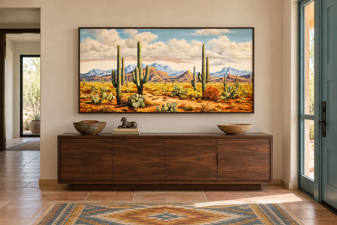 Southwestern framed canvas wall art featuring a desert landscape with tall saguaro cacti.