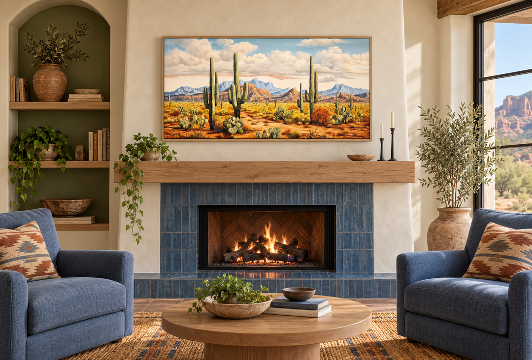 Framed canvas wall art of a vibrant desert landscape with saguaro cacti above a blue tile fireplace.