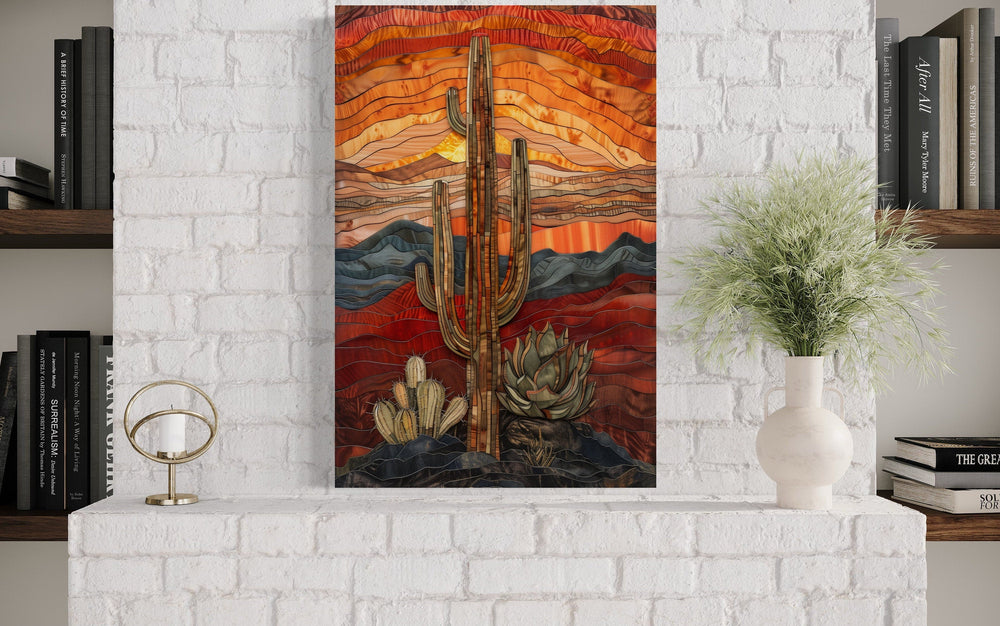 Saguaro Cactus In The Desert Burgundy Red Sage Green Wall Art on brick wall