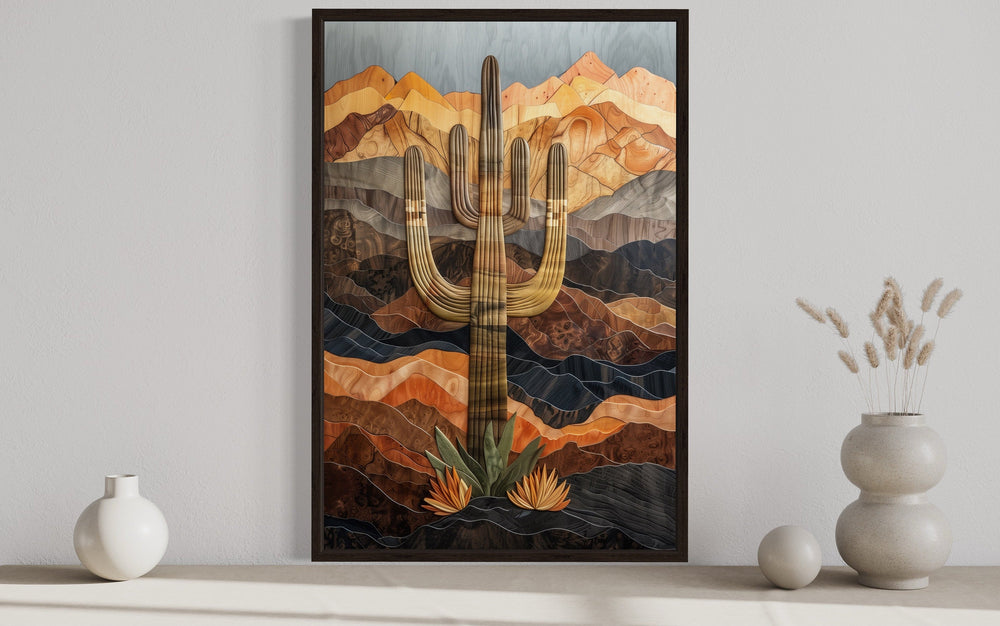 Saguaro Cactus In The Desert Wood Style Southwestern Wall Art close up