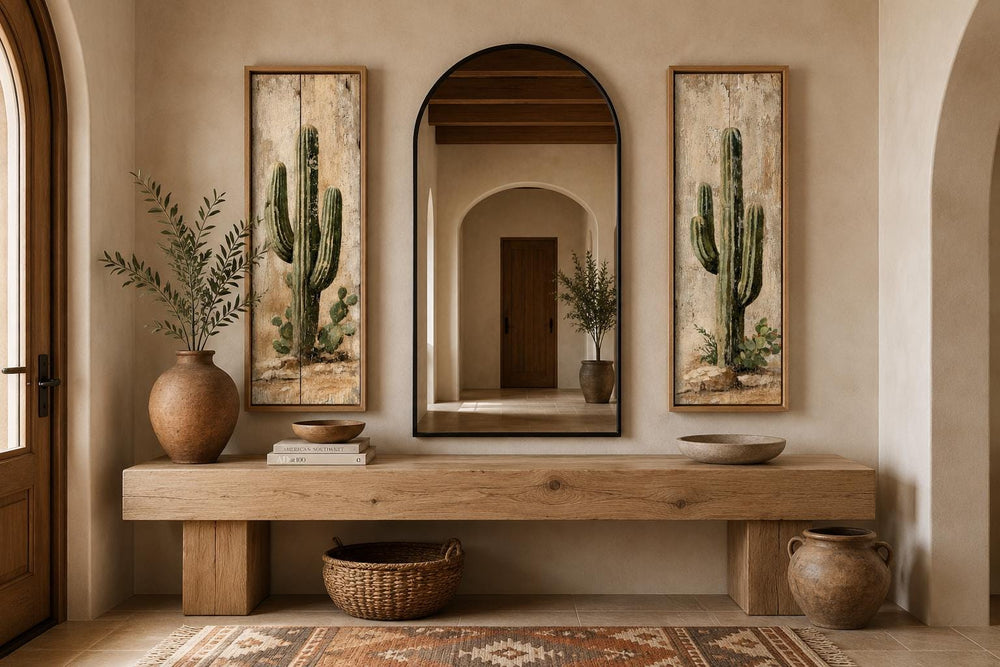 Saguaro Cactus Painting | Set of 2 Vertical Narrow Wall Art - Rustic Desert Canvas Prints