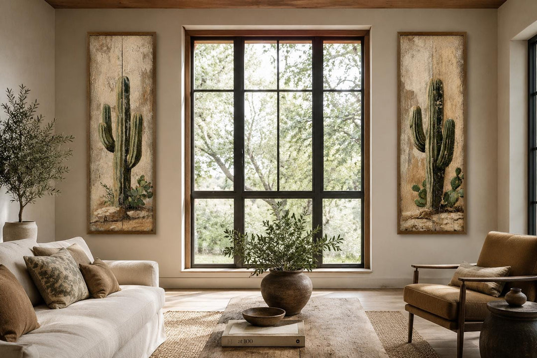 Saguaro Cactus Painting | Set of 2 Vertical Narrow Wall Art - Rustic Desert Canvas Prints
