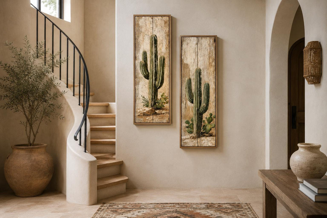Saguaro Cactus Painting | Set of 2 Vertical Narrow Wall Art - Rustic Desert Canvas Prints