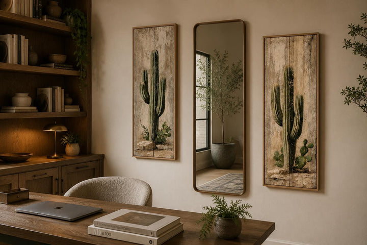 Saguaro Cactus Painting | Set of 2 Vertical Narrow Wall Art - Rustic Desert Canvas Prints