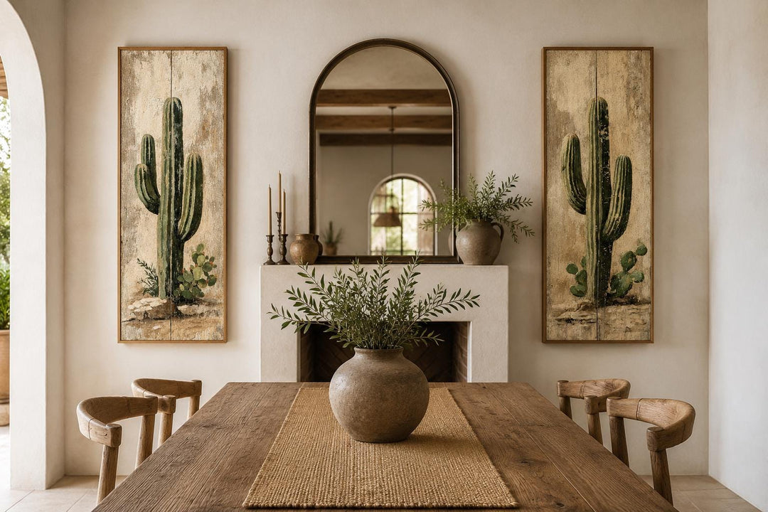Saguaro Cactus Painting | Set of 2 Vertical Narrow Wall Art - Rustic Desert Canvas Prints