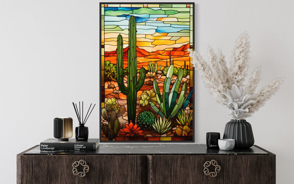 Saguaro Cactus Stained Glass Style Framed Canvas Wall Art above table