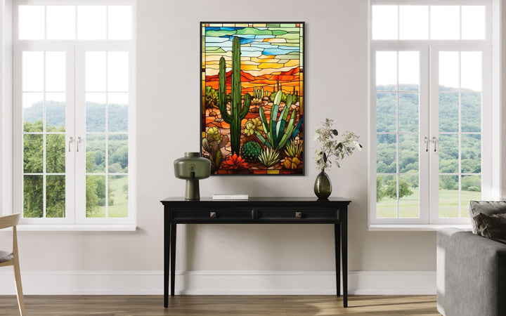 Saguaro Cactus Stained Glass Style Framed Canvas Wall Art