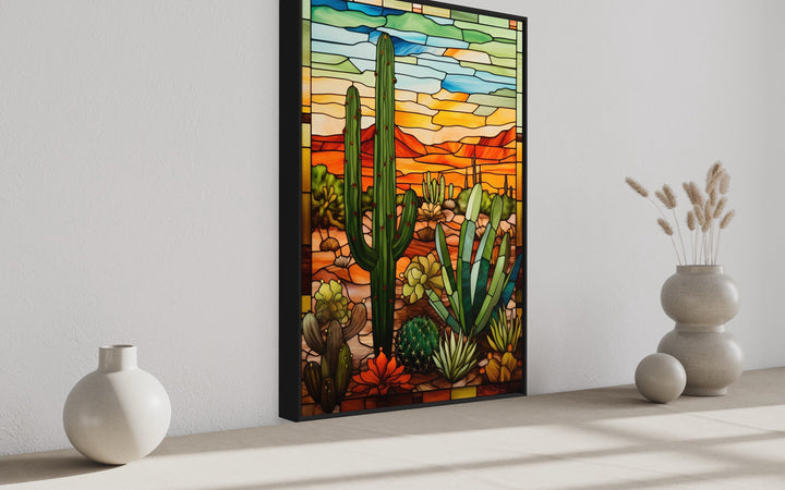 Saguaro Cactus Stained Glass Style Framed Canvas Wall Art