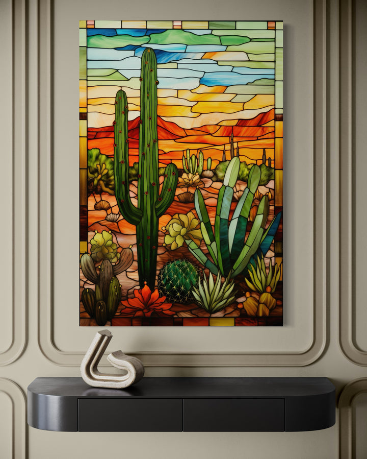 Saguaro Cactus stained glass style framed canvas wall art in a Southwestern desert landscape.