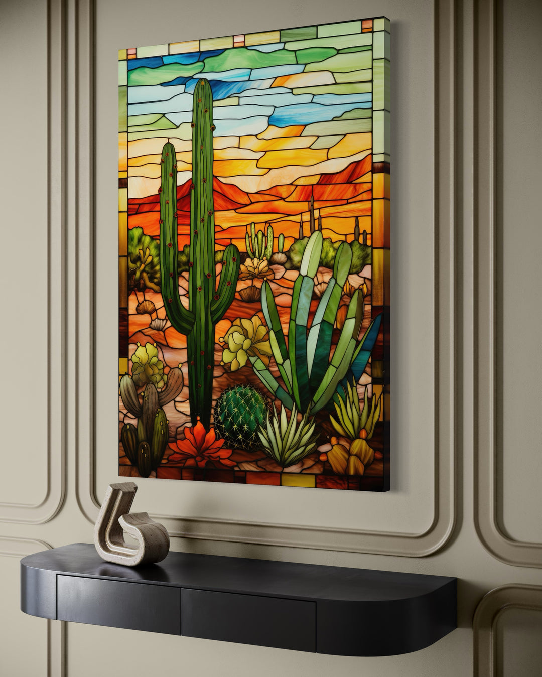 Saguaro cactus stained glass style framed canvas wall art in a desert landscape setting.