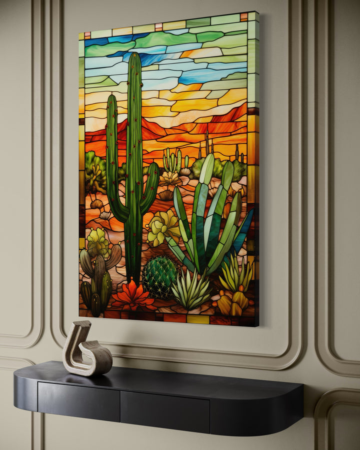 Saguaro cactus stained glass style framed canvas wall art in a desert landscape setting.