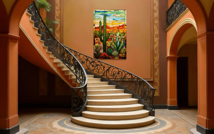 Saguaro cactus stained glass style framed canvas wall art hanging in a grand entryway.