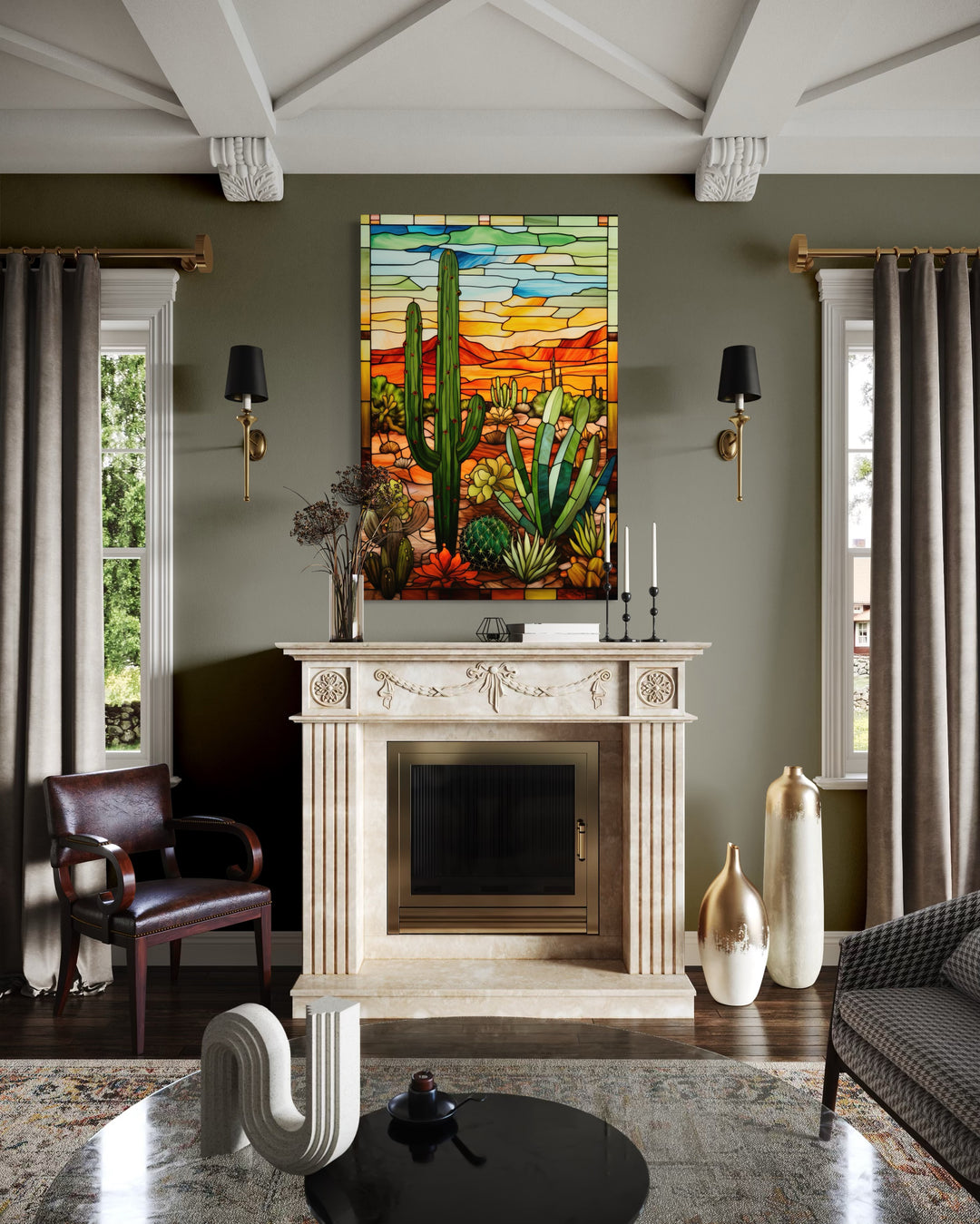 Saguaro Cactus stained glass style framed canvas wall art hanging above a fireplace in a living room