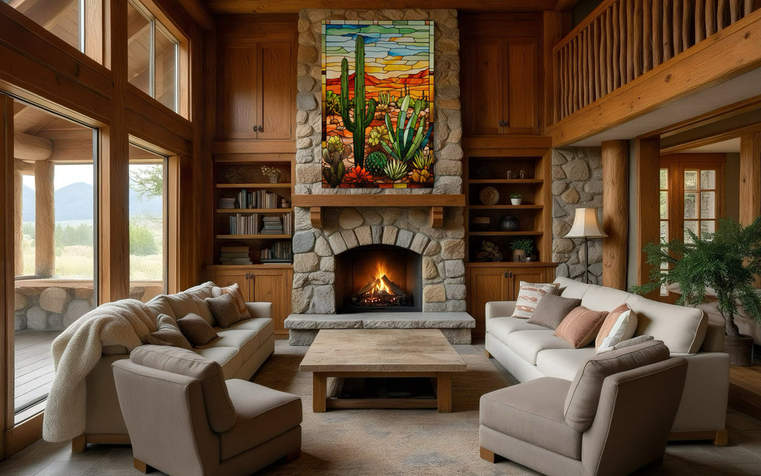 Saguaro Cactus stained glass style framed canvas wall art above a stone fireplace in a living room.