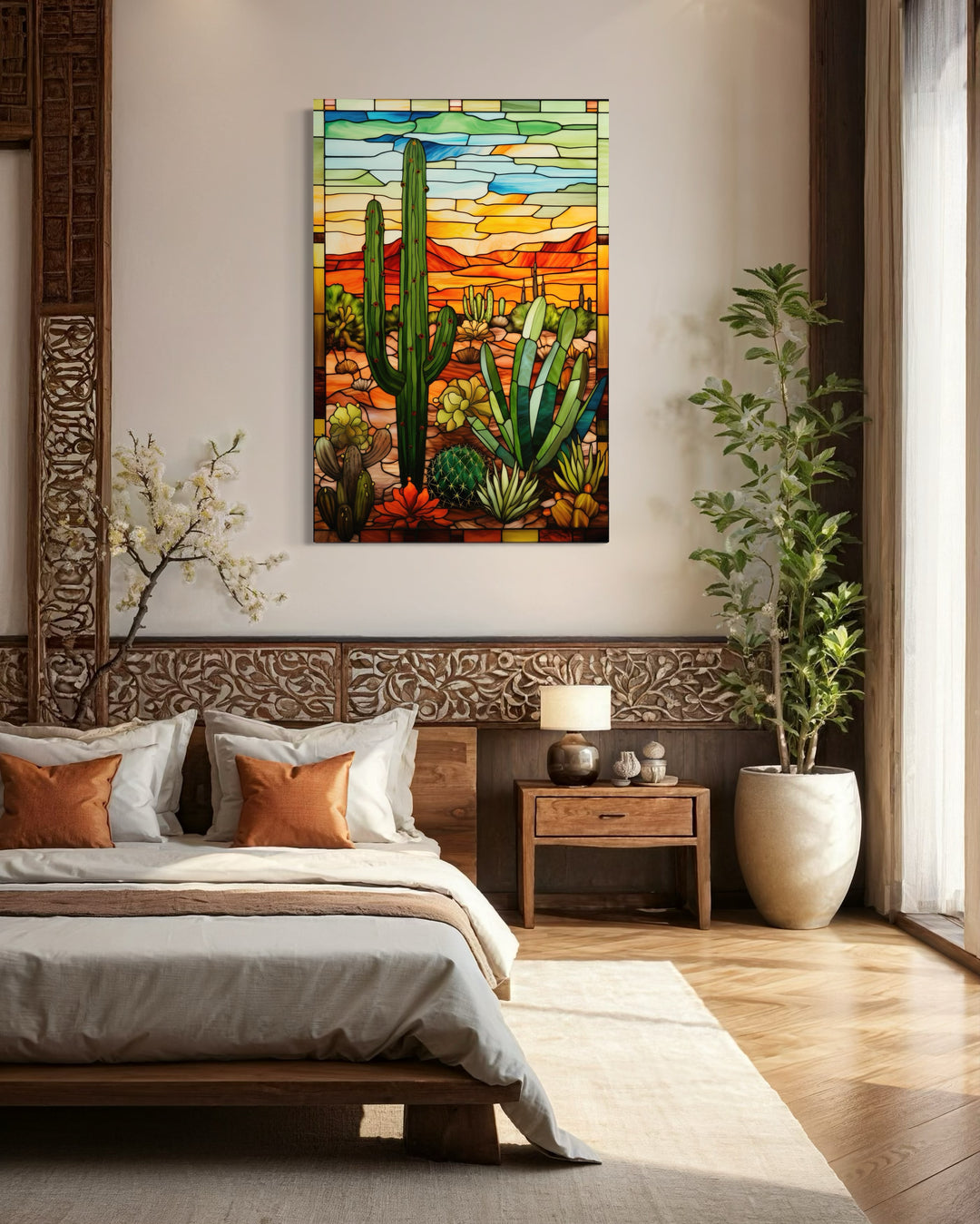 Saguaro Cactus stained glass style framed canvas wall art hanging above a bed in a bedroom.