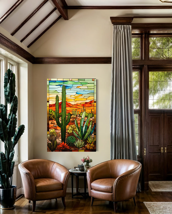 Saguaro cactus stained glass style framed canvas wall art hanging in a Southwestern living room.